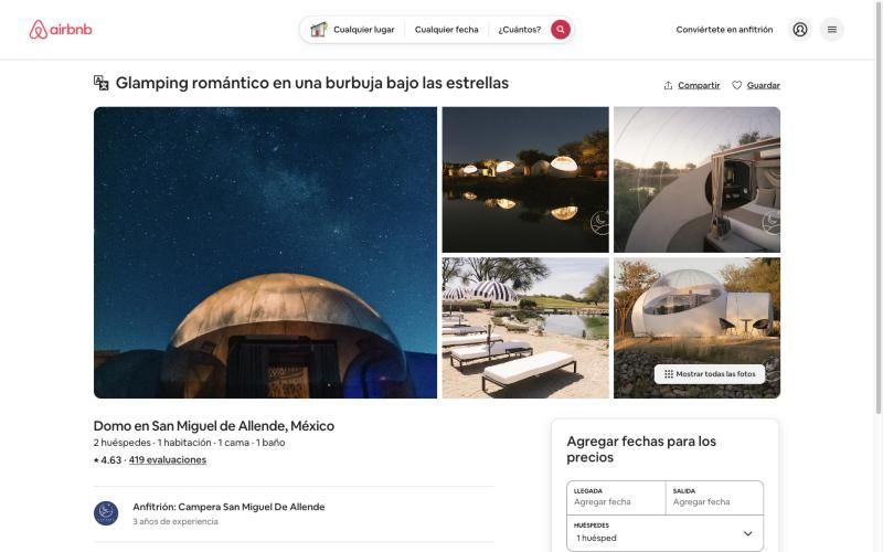 Ficha de un alojamiento en Airbnb, con galería y recuadro para reservar