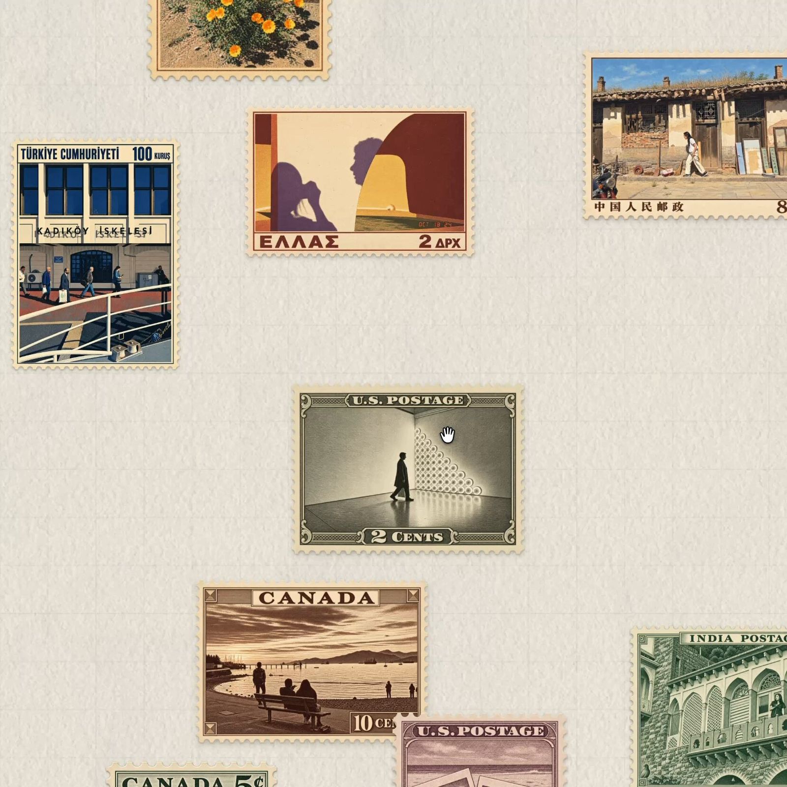 Timbres postales antiguos sobre papel